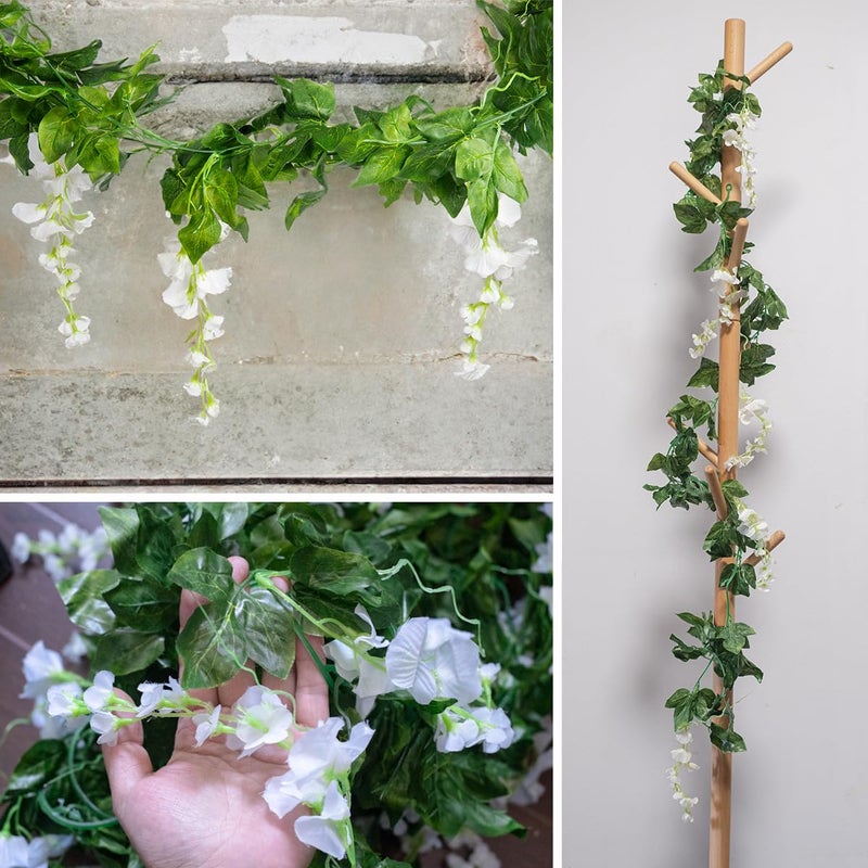 Mavee Artificial Wisteria Vine Garland Hanging Decor - 28.8ft Silk Flowers with Ivy Leaves (4x7.2ft) for Wedding, Home Floral Arrangements - White - Image 3